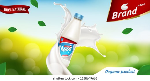 Vector milk background banner, ready mockup for your design. Beverage product concept realistic illustration with milk or yogurt swirl and milk bottle.