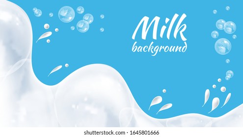 Vector Milk Background, Drink Waves and Splashes, Drops and Colorful Bubbles, Bright Blue and White Graphic Backdrop Template.