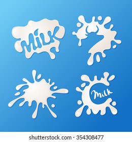 Vector milk blot icons, logo and design elements set. Abstract milk splash with cow silhouette on blue background. Hand drawn letters. Concept for fresh farm food, natural dairy product labels.