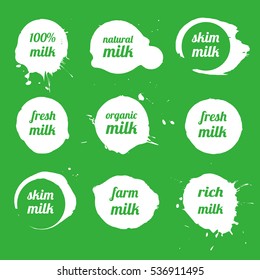 Vector milk blots icons, organic logo and design elements set.
Abstract milk splashes. Hand drawn vector illustration.