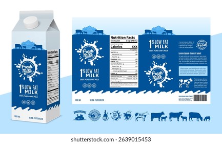 Vector milk blue and white carton packaging design template. Milk carton box illustration. Dairy icons and design elements