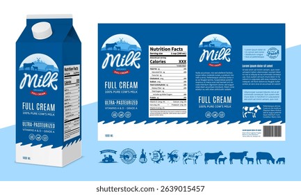 Vector milk blue and white carton box design. Milk carton packaging illustration. Dairy icons and design elements