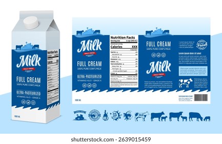 Vector milk blue and white carton box design. Milk carton packaging illustration. Dairy icons and design elements
