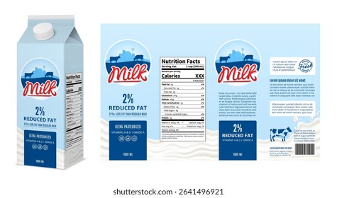 Vector milk blue and white carton box design. Reduced fat milk carton packaging design concept