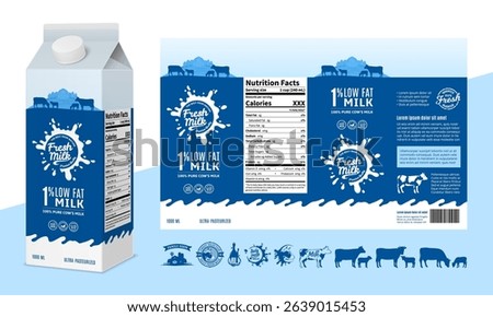 Vector milk blue and white carton packaging design template. Milk carton box illustration. Dairy icons and design elements
