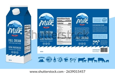 Vector milk blue and white carton box design. Milk carton packaging illustration. Dairy icons and design elements