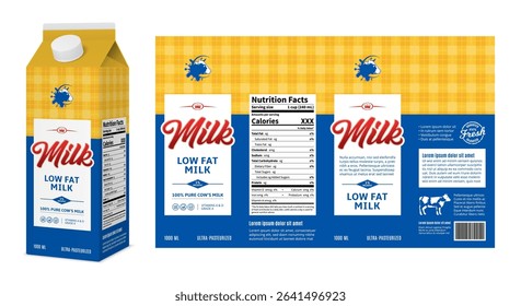 Vector milk blue and yellow carton box design. Low fat milk carton packaging design concept