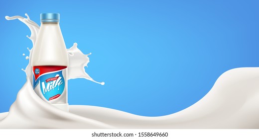Vector milk bottle design background banner, ready mockup for your design. Beverage product concept realistic illustration with milk or yogurt swirl and milk bottle.