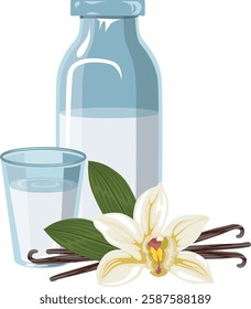 A vector of a milk bottle, glass of milk, vanilla, vanilla flowers, and leaves. Perfect for branding, packaging, and food designs. Fully editable EPS file for customization!