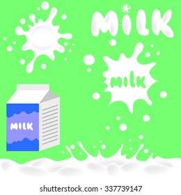 Vector Milk Box and Milk Blots Isolated on Green Background