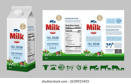 Vector milk carton box design template. Milk carton packaging illustration. Dairy icons and design elements