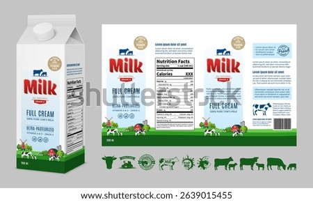 Vector milk carton box design template. Milk carton packaging illustration. Dairy icons and design elements