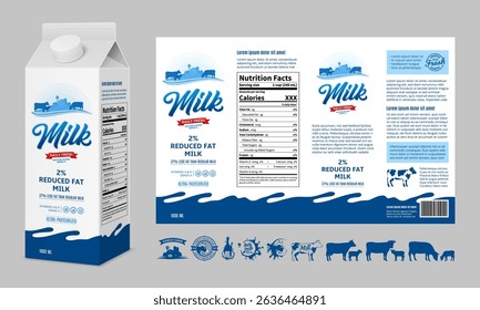 Vector milk carton packaging design template. Milk carton box mock-up. Dairy icons and design elements