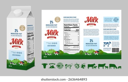 Vector milk carton packaging design template. Milk carton box mock-up. Dairy icons and design elements