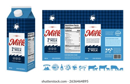 Vector milk carton packaging design template. Milk carton box mock-up. Dairy icons and design elements