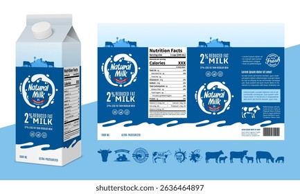 Vector milk carton packaging design template. Milk carton box mock-up. Dairy icons and design elements