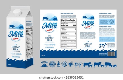 Vector milk carton packaging design template. Milk carton box illustration. Dairy icons and design elements