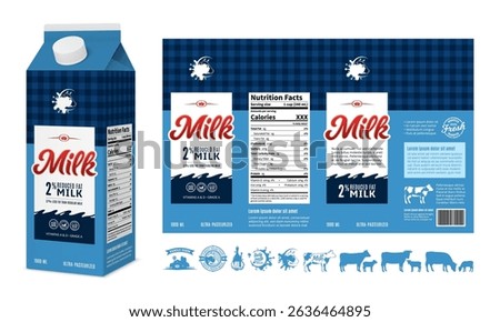 Vector milk carton packaging design template. Milk carton box mock-up. Dairy icons and design elements