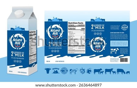 Vector milk carton packaging design template. Milk carton box mock-up. Dairy icons and design elements