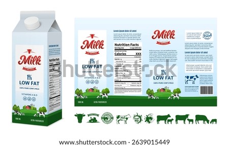Vector milk carton packaging design template. Milk carton box illustration. Dairy icons and design elements