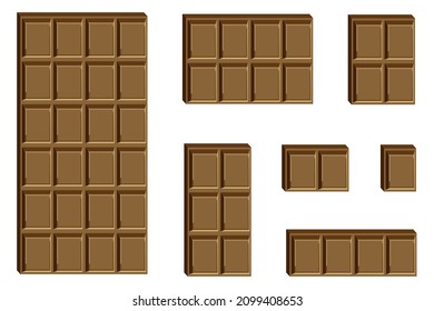 Barra de chocolate con leche vectorial y piezas aisladas en fondo blanco.
