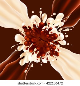 Vector milk and chocolate flows with round drops splash on brown background