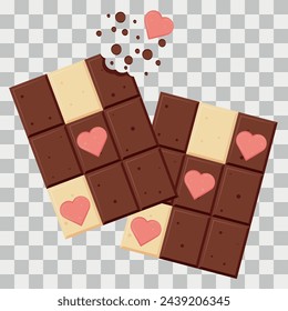 Vector Milk Chocolate and White Chocolate bars with pink hearts on transparent background