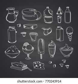 Vector milk or dairy products set hand drawn and isolated on black chalkboard illustration