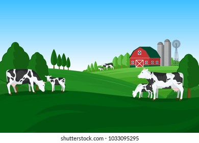 Vector milk farming illustration. Summer rural landscape, cows, calves and design elements.