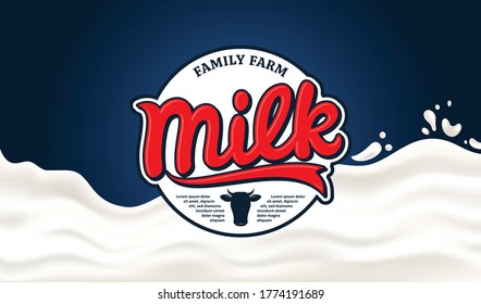 Vector milk illustration with round label, milk splash and cow icon for dairy products packaging, branding and advertisment