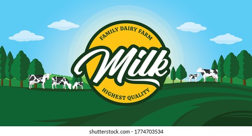 Vector milk illustration with round label, summer rural landscape and holstein cows and calves for dairy products packaging, branding and advertisment