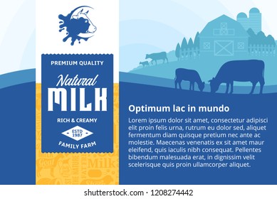 Vector milk illustration with rural landscape, cows, calves and farm. Modern style milk label. Dairy farm icons and design elements.