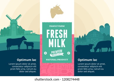 Vector milk illustration with rural landscape, cows, calves and farm. Modern style milk label. Dairy farm icons and design elements.