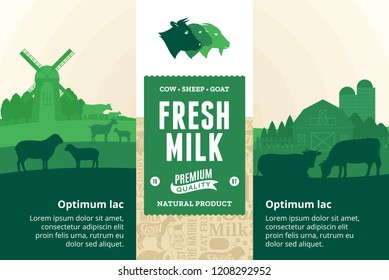 Vector milk illustration with rural landscape, cows, calves, goats, sheep and farm. Modern style milk label. Dairy farm icons and design elements.