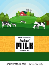 Vector milk illustration with rural landscape, cows, calves and farm. Modern style milk label. Dairy farm icons and design elements.