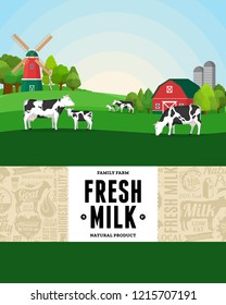 Vector milk illustration with rural landscape, cows, calves and farm. Modern style milk label. Dairy farm icons and design elements.