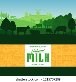 Vector Milk Illustration With Rural Landscape, Cows, Calves And Farm. Modern Style Milk Label. Dairy Farm Icons And Design Elements.