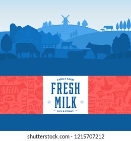 Vector milk illustration with rural landscape, cows, calves and farm. Modern style milk label. Dairy farm icons and design elements.