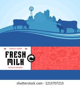 Vector milk illustration with rural landscape, cows, calves and farm. Modern style milk label. Dairy farm icons and design elements.