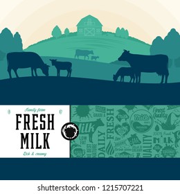 Vector Milk Illustration With Rural Landscape, Cows, Calves And Farm. Modern Style Milk Label. Dairy Farm Icons And Design Elements.