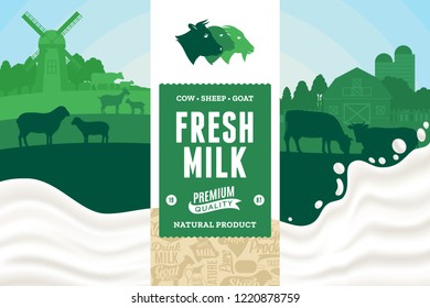 Vector milk illustration with rural landscape, cows, calves, goats, sheep and farm. Realistic milk splash. Modern style label. Dairy farm icons and design elements.