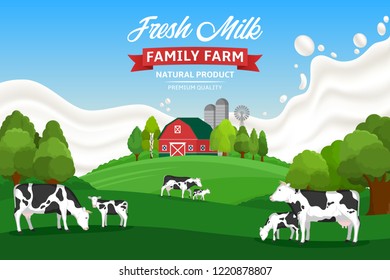 Vector Milk Illustration With Milk Splash On A Background, Rural Landscape With Cows, Calves And Farm.