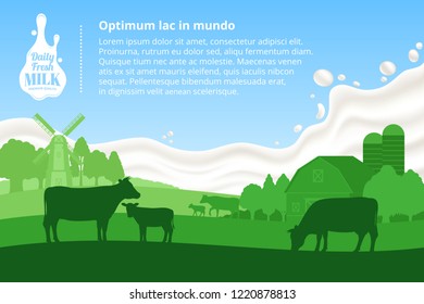 Vector milk illustration with milk splash on a background, rural landscape with cows, calves and farm.