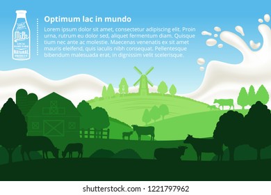 Vector milk illustration with milk splash on a background, rural landscape with cows, calves and farm.