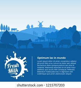 Vector milk illustration with milk splash, rural landscape with cows, calves and farm.