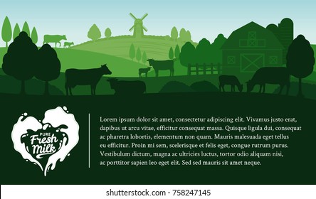 Vector milk illustration with splash, rural landscape with cows, calves and farm