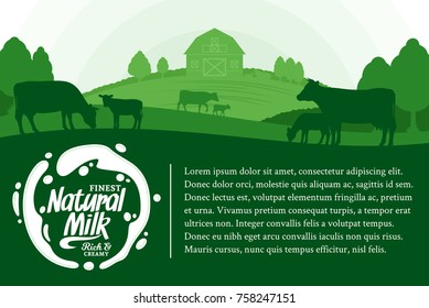 Vector milk illustration with splash, rural landscape with cows, calves and farm