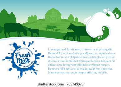 Vector milk illustration with splash, rural landscape with cows, calves and farm.