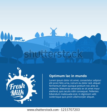 Vector milk illustration with milk splash, rural landscape with cows, calves and farm.