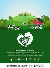 Vector milk illustration with milk splash. Summer rural landscape with cows, calves and farm.